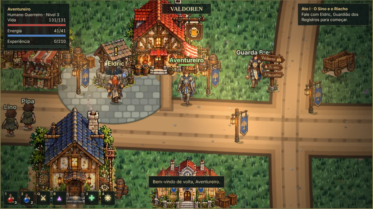 Captura do jogo: o herói na praça de Valdoren, perto do poço e do ancião Eldric